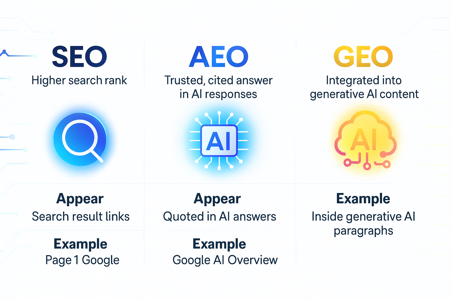 Infographic comparing SEO, AEO, and GEO goals, results locations, and real-world examples side by side.